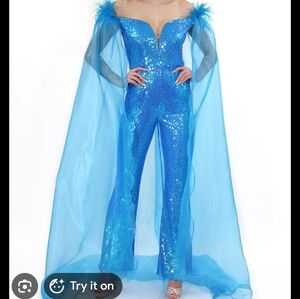 Dazzling Teal Sequin Jumpsuit with Sheer Cape